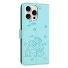 For iPhone 15 Pro Max Embossed Kitten Phone Leather Case with Lanyard(Mint Green) - 3
