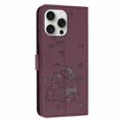For iPhone 15 Pro Max Embossed Kitten Phone Leather Case with Lanyard(Wine Red) - 3