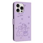 For iPhone 15 Pro Embossed Kitten Phone Leather Case with Lanyard(Purple) - 3