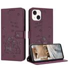 For iPhone 15 Plus Embossed Kitten Phone Leather Case with Lanyard(Wine Red) - 1
