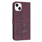 For iPhone 15 Plus Embossed Kitten Phone Leather Case with Lanyard(Wine Red) - 3