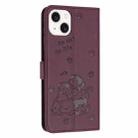 For iPhone 15 Embossed Kitten Phone Leather Case with Lanyard(Wine Red) - 3