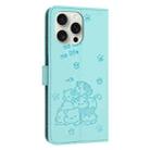 For iPhone 14 Pro Max Embossed Kitten Phone Leather Case with Lanyard(Mint Green) - 3