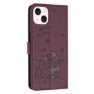 For iPhone 14 Plus Embossed Kitten Phone Leather Case with Lanyard(Wine Red) - 3