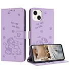 For iPhone 14 / 13 Embossed Kitten Phone Leather Case with Lanyard(Purple) - 1