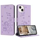 For iPhone 13 mini Embossed Kitten Phone Leather Case with Lanyard(Purple) - 1