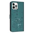 For iPhone 12 / 12 Pro Embossed Kitten Phone Leather Case with Lanyard(Dark Green) - 3
