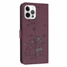 For iPhone 12 / 12 Pro Embossed Kitten Phone Leather Case with Lanyard(Wine Red) - 3