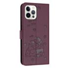 For iPhone 12 Pro Max Embossed Kitten Phone Leather Case with Lanyard(Wine Red) - 3