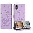 For iPhone XS / X Embossed Kitten Phone Leather Case with Lanyard(Purple) - 1