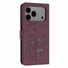 For iPhone 17 Pro Max Embossed Kitten Phone Leather Case with Lanyard(Wine Red) - 3