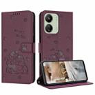 For Xiaomi Poco C65 / Poco M6 5G Embossed Kitten Phone Leather Case with Lanyard(Wine Red) - 1