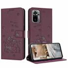 For Xiaomi Poco M5s 4G Global Embossed Kitten Phone Leather Case with Lanyard(Wine Red) - 1