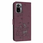 For Xiaomi Poco M5s 4G Global Embossed Kitten Phone Leather Case with Lanyard(Wine Red) - 3