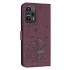 For Xiaomi Poco F5 Embossed Kitten Phone Leather Case with Lanyard(Wine Red) - 3