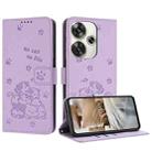 For Xiaomi Poco F6 Embossed Kitten Phone Leather Case with Lanyard(Purple) - 1