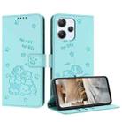 For Redmi 12 4G / Note 12R Embossed Kitten Phone Leather Case with Lanyard(Mint Green) - 1