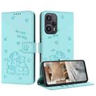 For Redmi Note 12 Turbo Embossed Kitten Phone Leather Case with Lanyard(Mint Green) - 1