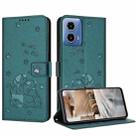 For Motorola Moto G34 Embossed Kitten Phone Leather Case with Lanyard(Dark Green) - 1