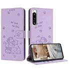 For Sony Xperia 5 IV Embossed Kitten Phone Leather Case with Lanyard(Purple) - 1