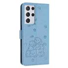 For Samsung Galaxy S21 Ultra 5G Embossed Kitten Phone Leather Case with Lanyard(Blue) - 3