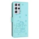 For Samsung Galaxy S21 Ultra 5G Embossed Kitten Phone Leather Case with Lanyard(Mint Green) - 3