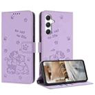 For Samsung Galaxy S25 FE 5G Embossed Kitten Phone Leather Case with Lanyard(Purple) - 1