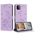 For Samsung Galaxy A22 5G / A22s 5G Embossed Kitten Phone Leather Case with Lanyard(Purple) - 1
