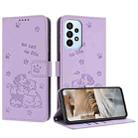 For Samsung Galaxy A73 5G Embossed Kitten Phone Leather Case with Lanyard(Purple) - 1