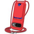 For Google Pixel 9 Integrated Card Bag Solid Color Liquid Silicone Phone Case with Lanyard(Red) - 1