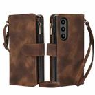 For Samsung Galaxy Z Fold4 5G Dream 9-Card Zipper Wallet RFID Leather Phone Case with Lanyard(Brown) - 1