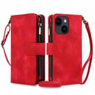 For iPhone 13 Dream 9-Card Zipper Wallet RFID Leather Phone Case with Lanyard(Red) - 1