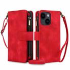 For iPhone 14 Plus Dream 9-Card Zipper Wallet RFID Leather Phone Case with Lanyard(Red) - 1