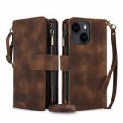 For iPhone 15 Plus Dream 9-Card Zipper Wallet RFID Leather Phone Case with Lanyard(Brown) - 1