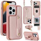 For iPhone 16 Pro Max Wristband Vertical Flip Wallet Back Cover Phone Case with Long Lanyard(Rose Gold) - 1