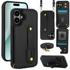 For iPhone 16 Plus Wristband Vertical Flip Wallet Back Cover Phone Case with Long Lanyard(Black) - 1