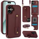 For iPhone 16 Plus Wristband Vertical Flip Wallet Back Cover Phone Case with Long Lanyard(Wine Red) - 1