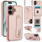 For iPhone 16 Plus Wristband Vertical Flip Wallet Back Cover Phone Case with Long Lanyard(Rose Gold) - 1