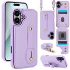 For iPhone 16 Plus Wristband Vertical Flip Wallet Back Cover Phone Case with Long Lanyard(Purple) - 1