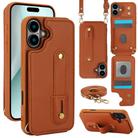 For iPhone 16 Plus Wristband Vertical Flip Wallet Back Cover Phone Case with Long Lanyard(Brown) - 1