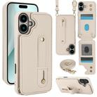 For iPhone 16 Wristband Vertical Flip Wallet Back Cover Phone Case with Long Lanyard(White) - 1