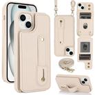 For iPhone 15 Wristband Vertical Flip Wallet Back Cover Phone Case with Long Lanyard(White) - 1
