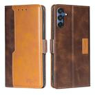 For Samsung Galaxy M35 5G Contrast Color Side Buckle Leather Phone Case(Dark Brown + Gold) - 1