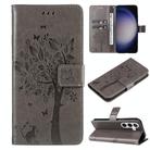 For Samsung Galaxy S25 / S24 5G Tree & Cat Embossed Pattern Flip Leather Phone Case(Grey) - 1
