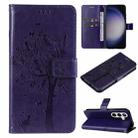 For Samsung Galaxy S25 / S24 5G Tree & Cat Embossed Pattern Flip Leather Phone Case(Purple) - 1