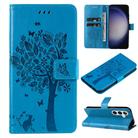 For Samsung Galaxy S25+ / S24+ 5G Tree & Cat Embossed Pattern Flip Leather Phone Case(Blue) - 1