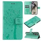 For Samsung Galaxy S25 Ultra 5G Tree & Cat Embossed Pattern Flip Leather Phone Case(Green) - 1