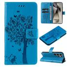 For Samsung Galaxy S25 Ultra 5G Tree & Cat Embossed Pattern Flip Leather Phone Case(Blue) - 1