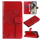 For Samsung Galaxy S25 Ultra 5G Tree & Cat Embossed Pattern Flip Leather Phone Case(Red) - 1