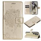 For Samsung Galaxy S25 Ultra 5G Tree & Cat Embossed Pattern Flip Leather Phone Case(Gold) - 1